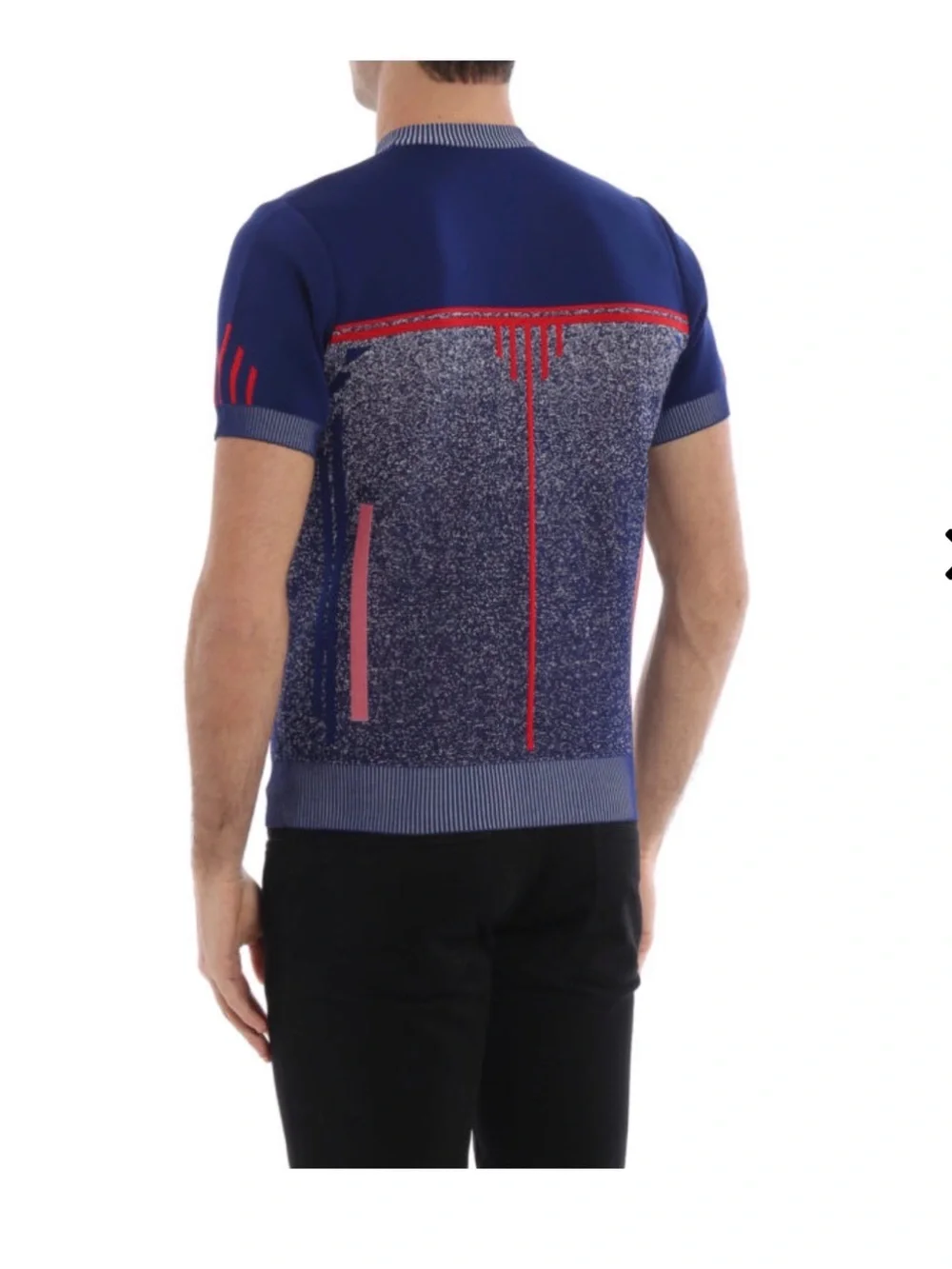 Prada Blue Short-Sleeve Crewneck Sweater with Red Trim